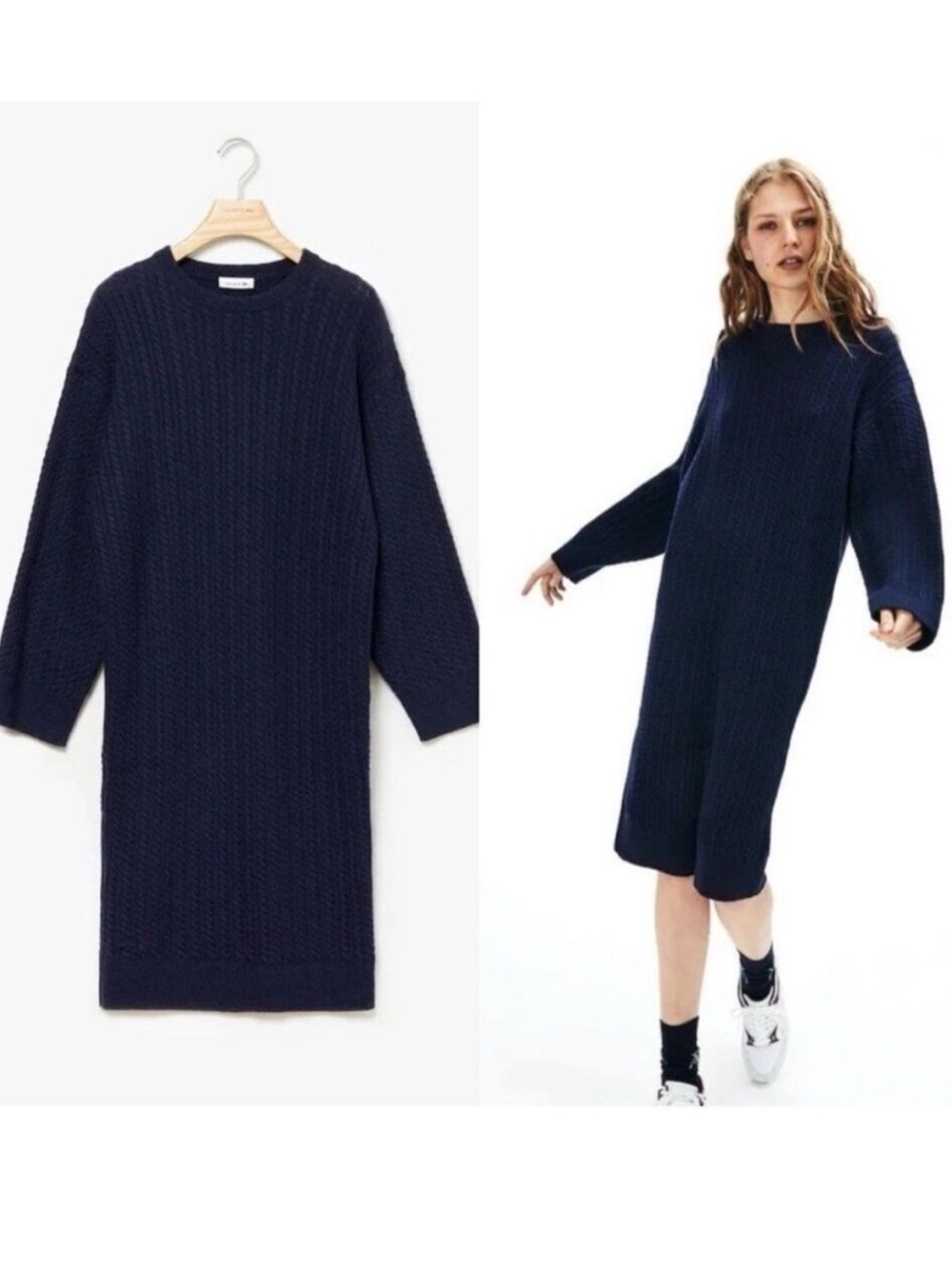 Lacoste Dark Blue Long Sleeve Sweater Dress Cashmere Wool SZ 38 or Medium